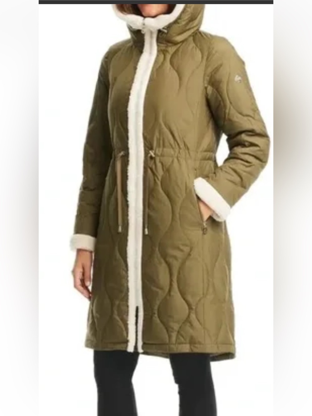 kate spade Olive Quilted Puffer Coat with Cream Sherpa Trim XL